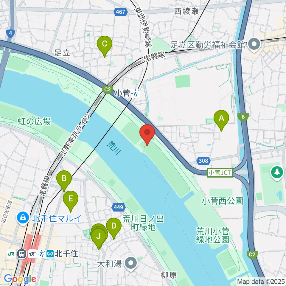 荒川小菅球技場周辺のファミレス・ファーストフード一覧地図
