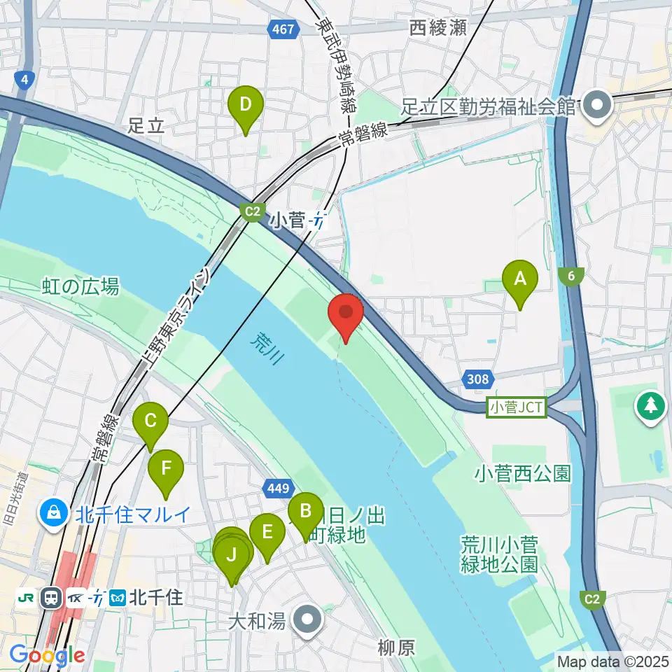 荒川小菅球技場周辺のファミレス・ファーストフード一覧地図