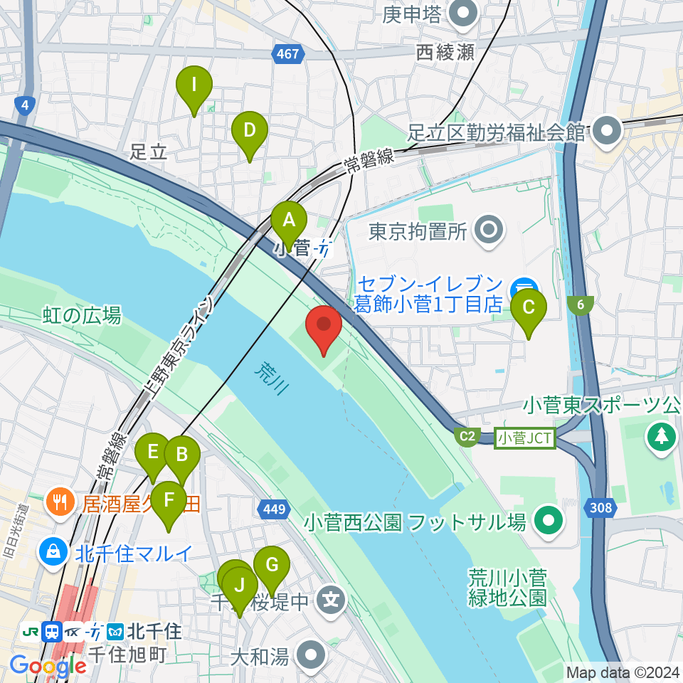 五反野野球場周辺のファミレス・ファーストフード一覧地図