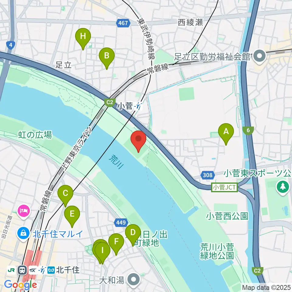 五反野野球場周辺のファミレス・ファーストフード一覧地図