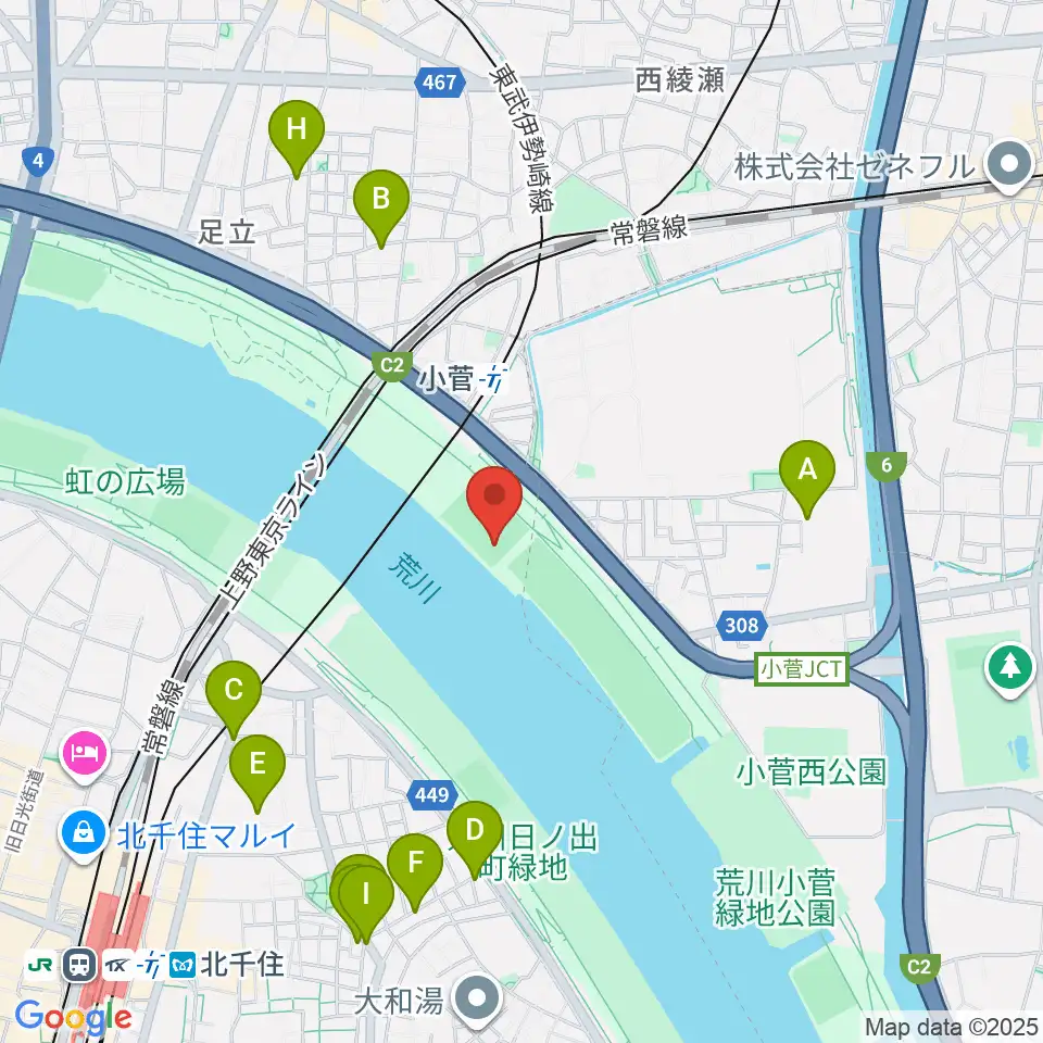 五反野野球場周辺のファミレス・ファーストフード一覧地図