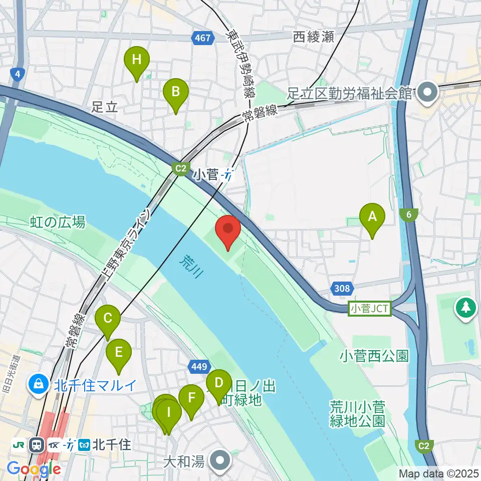 五反野野球場周辺のファミレス・ファーストフード一覧地図