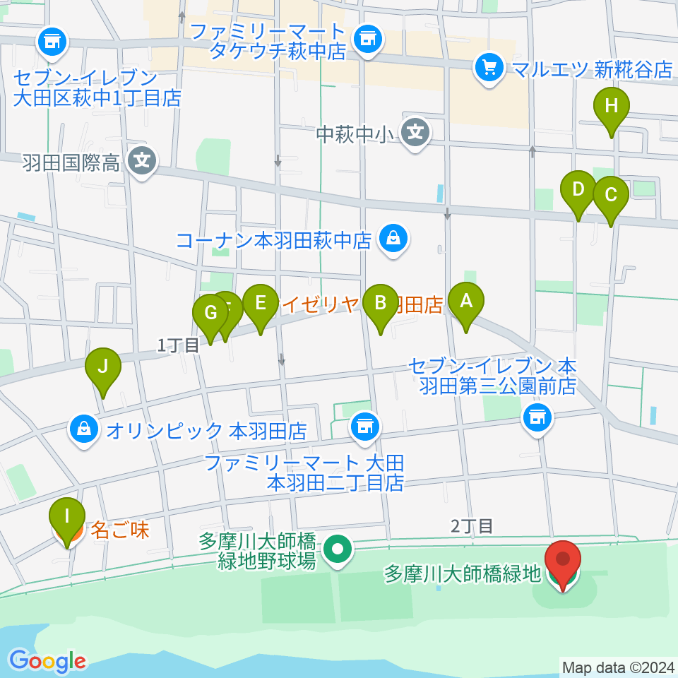 多摩川大師橋緑地周辺のファミレス・ファーストフード一覧地図