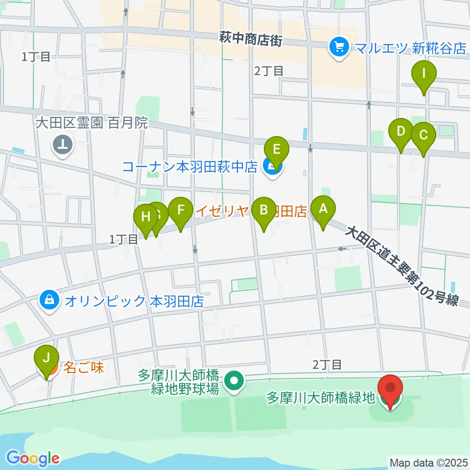 多摩川大師橋緑地周辺のファミレス・ファーストフード一覧地図