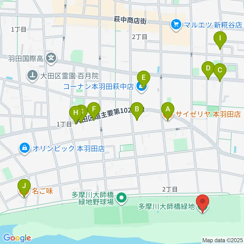 多摩川大師橋緑地周辺のファミレス・ファーストフード一覧地図