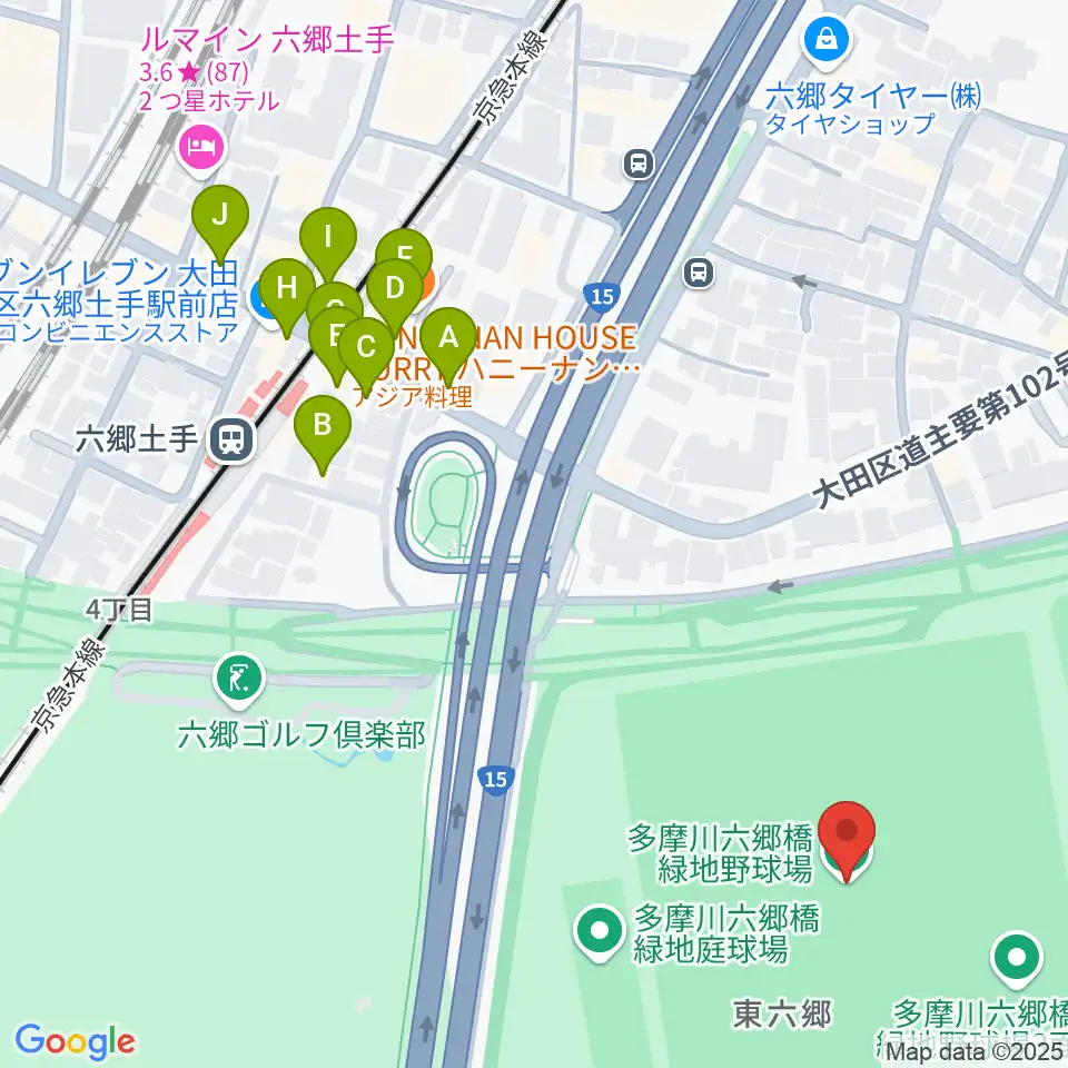 多摩川六郷橋緑地野球場周辺のファミレス・ファーストフード一覧地図