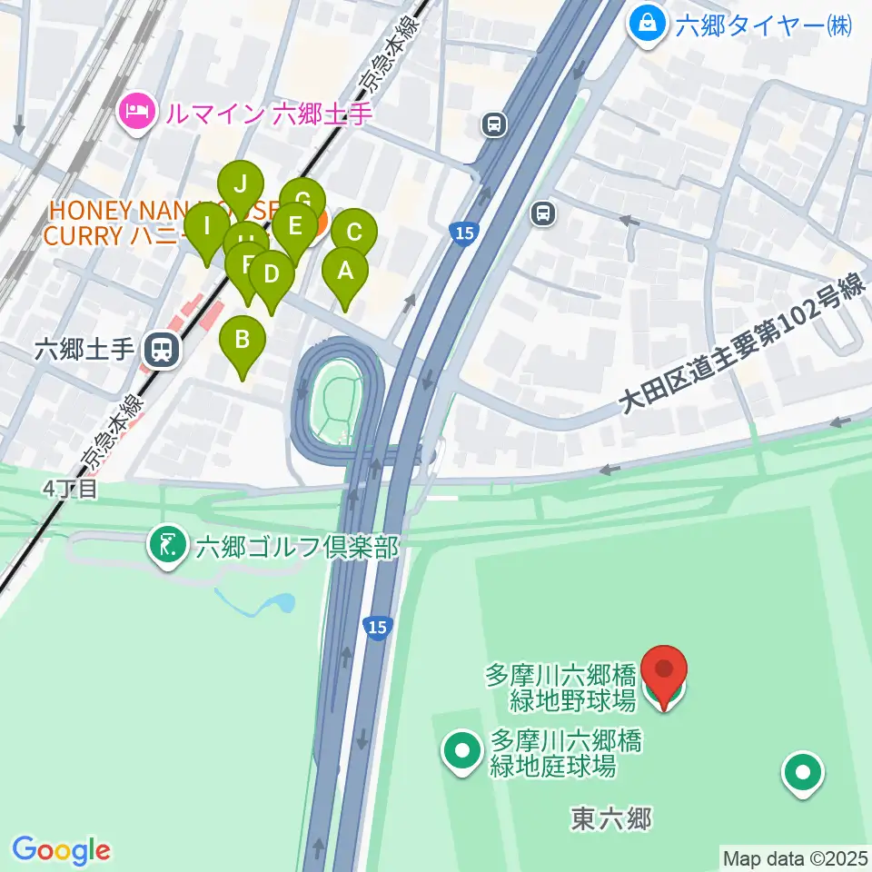 多摩川六郷橋緑地野球場周辺のファミレス・ファーストフード一覧地図