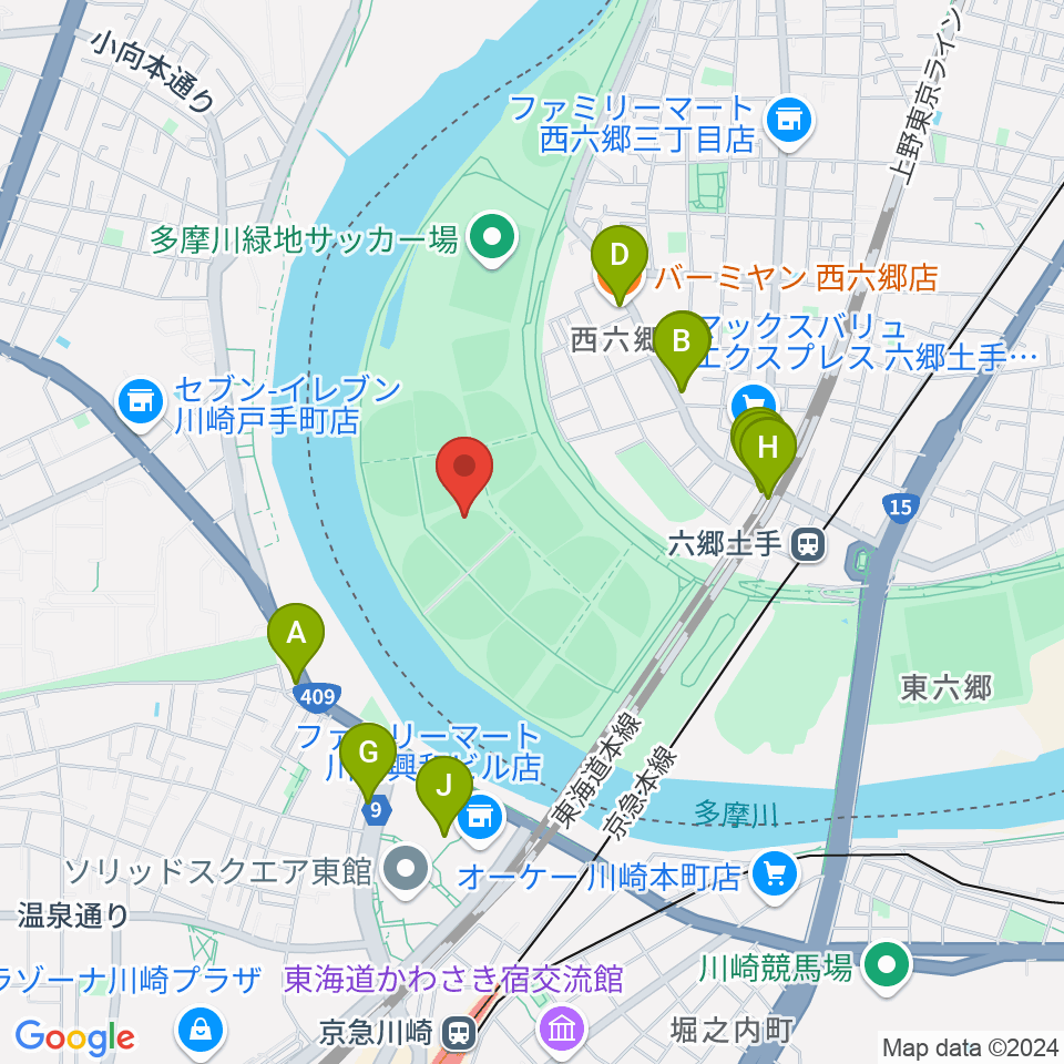 多摩川緑地野球場周辺のファミレス・ファーストフード一覧地図