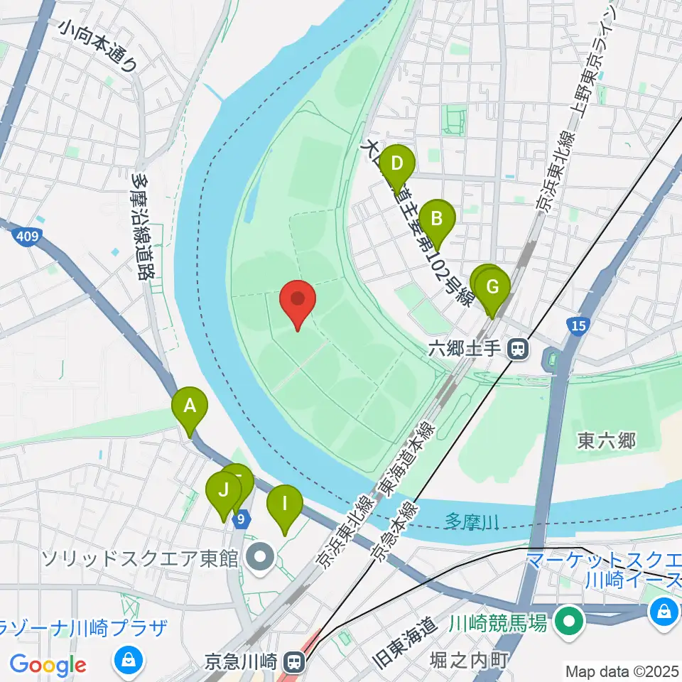 多摩川緑地野球場周辺のファミレス・ファーストフード一覧地図