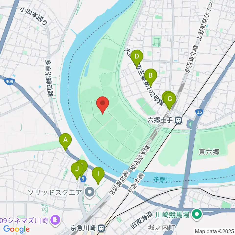 多摩川緑地野球場周辺のファミレス・ファーストフード一覧地図