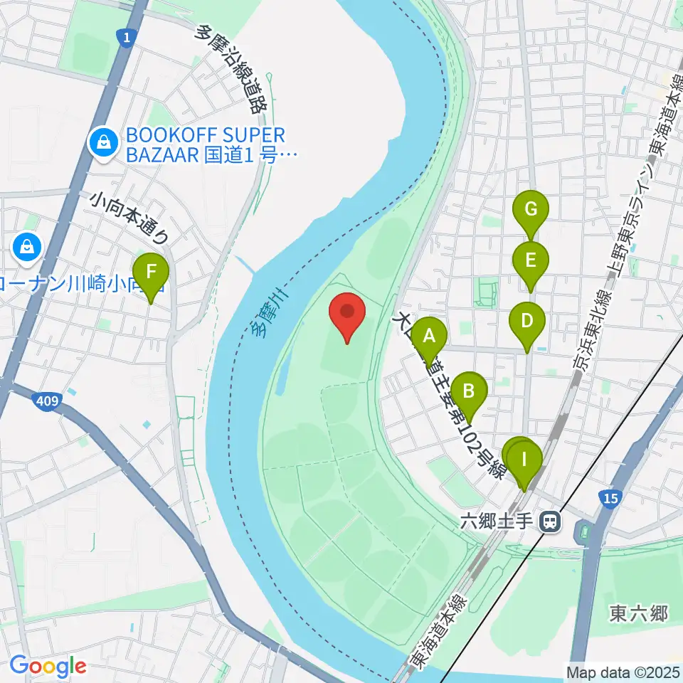 多摩川緑地サッカー場周辺のファミレス・ファーストフード一覧地図