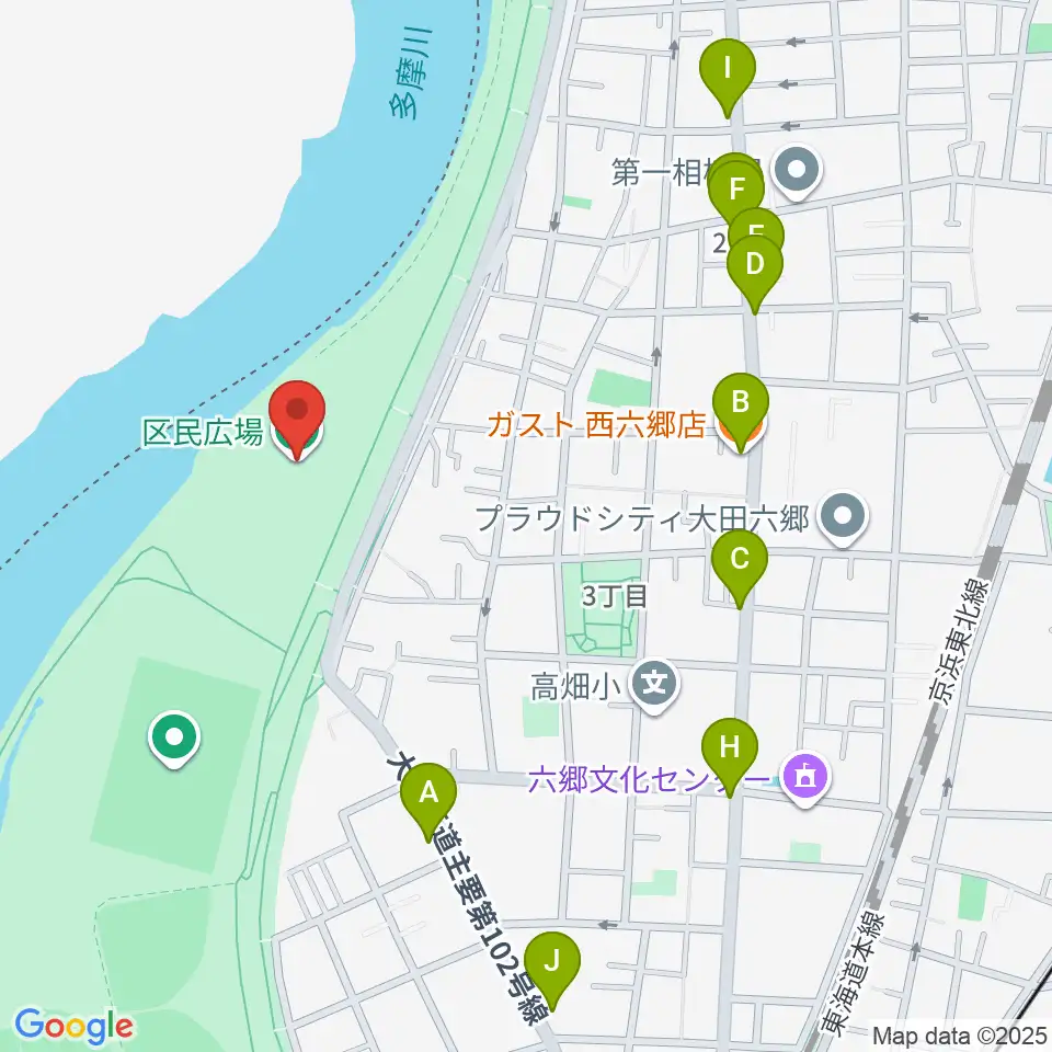 大田区区民広場周辺のファミレス・ファーストフード一覧地図