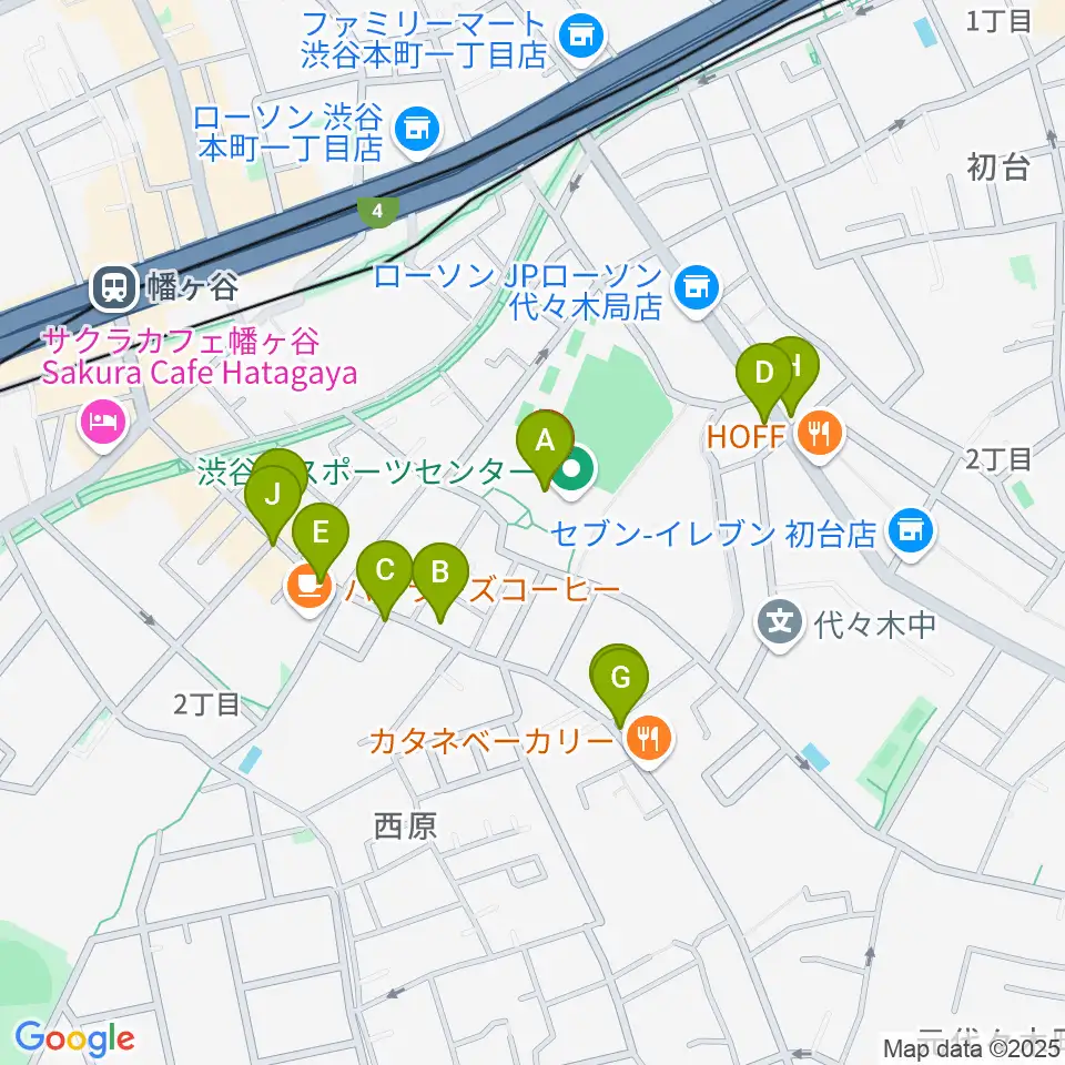 渋谷区スポーツセンター運動場周辺のファミレス・ファーストフード一覧地図