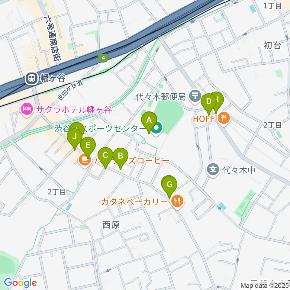 渋谷区スポーツセンター運動場周辺のファミレス・ファーストフード一覧地図
