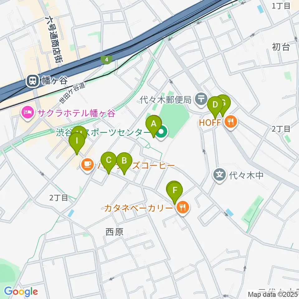 渋谷区スポーツセンター運動場周辺のファミレス・ファーストフード一覧地図