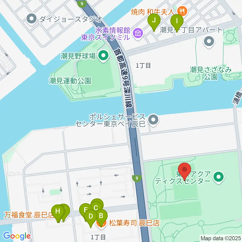 辰巳の森海浜公園ラグビー練習場周辺のファミレス・ファーストフード一覧地図