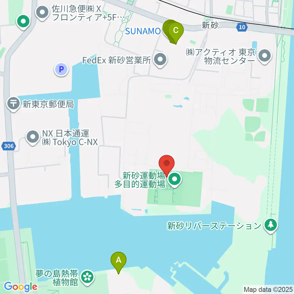 新砂運動場第一・第二運動場周辺のファミレス・ファーストフード一覧地図