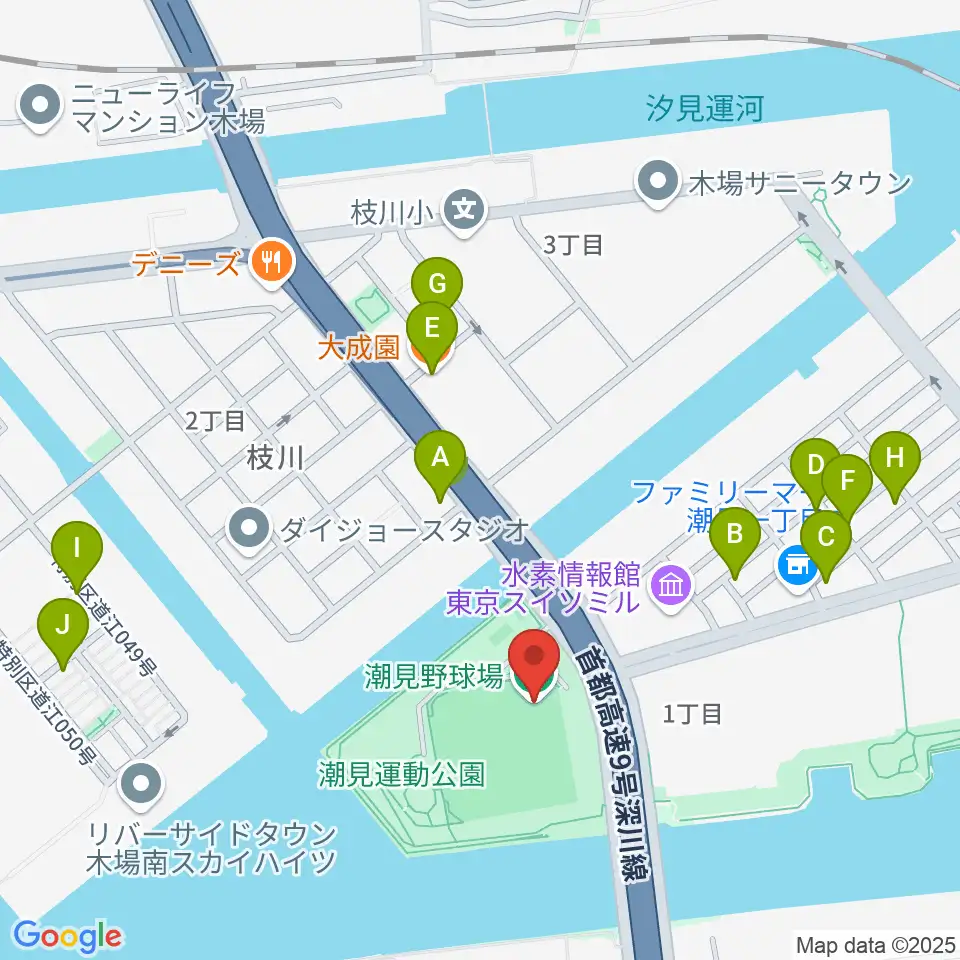 潮見野球場周辺のファミレス・ファーストフード一覧地図