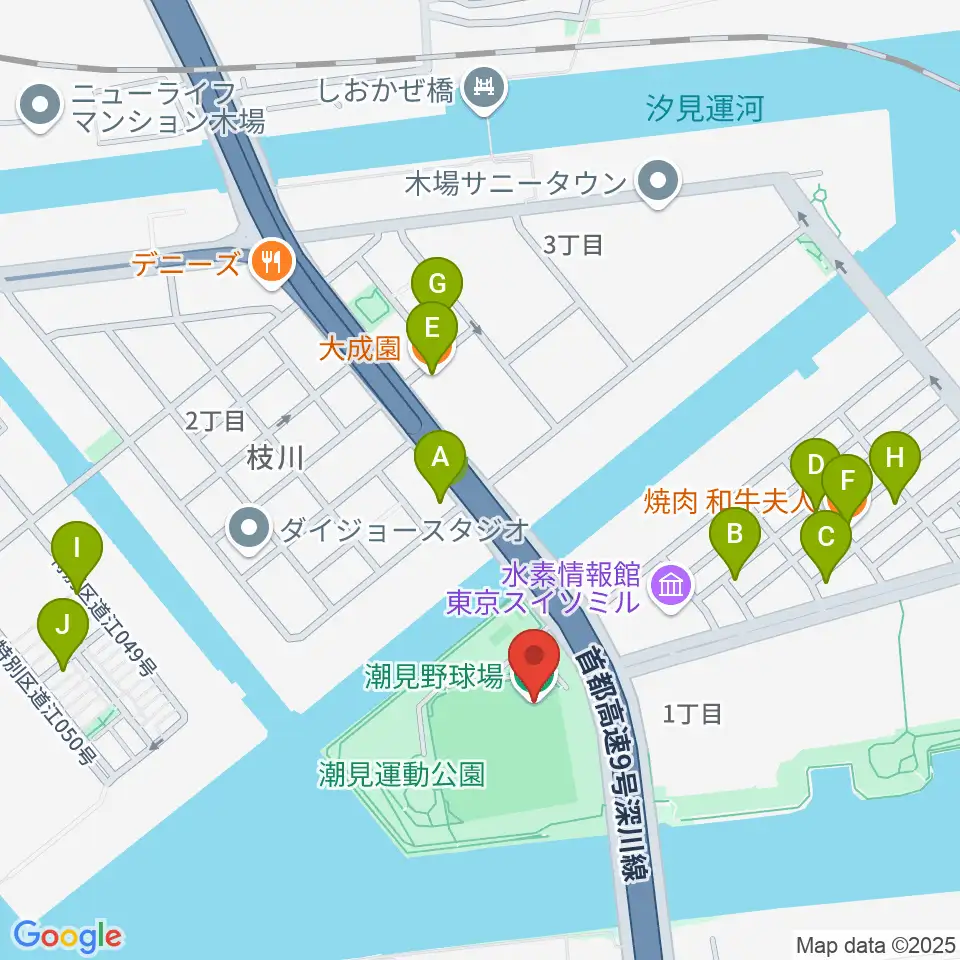 潮見野球場周辺のファミレス・ファーストフード一覧地図