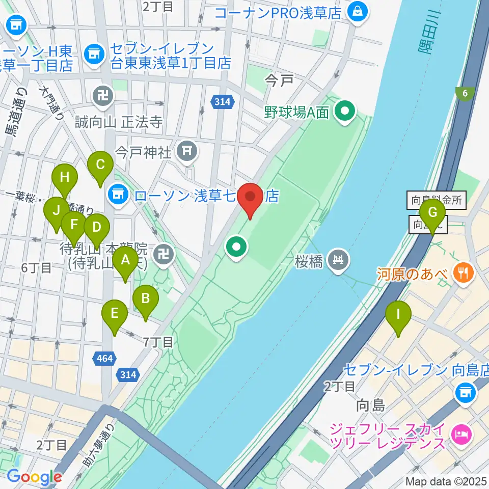 台東リバーサイドスポーツセンター陸上競技場周辺のファミレス・ファーストフード一覧地図