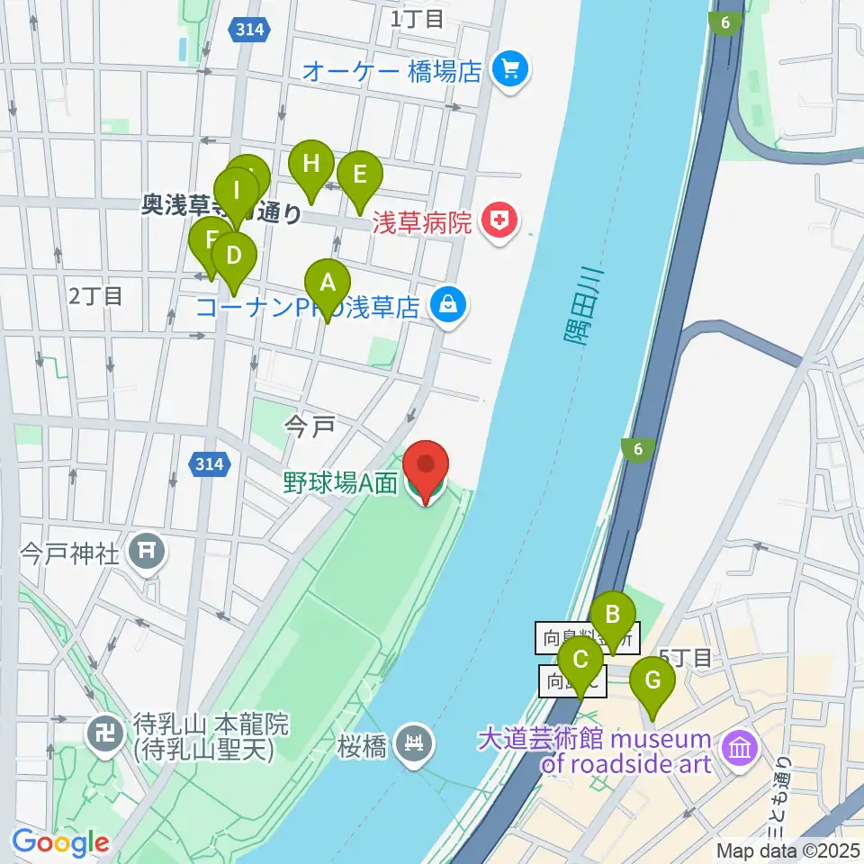 台東リバーサイドスポーツセンター野球場周辺のファミレス・ファーストフード一覧地図