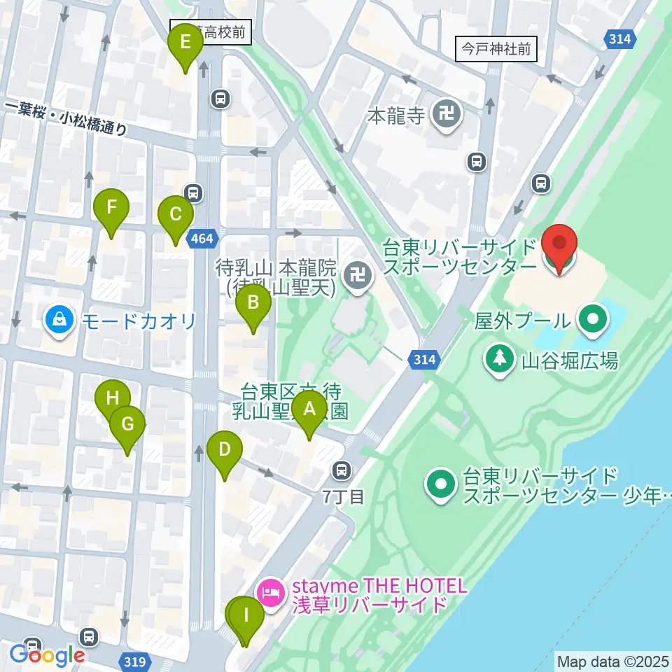 台東リバーサイドスポーツセンター体育館周辺のファミレス・ファーストフード一覧地図