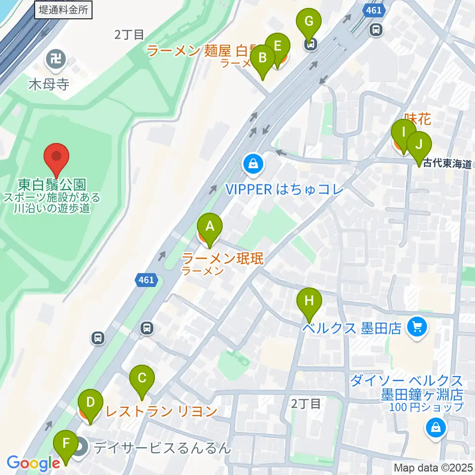 東白鬚公園小野球場周辺のファミレス・ファーストフード一覧地図