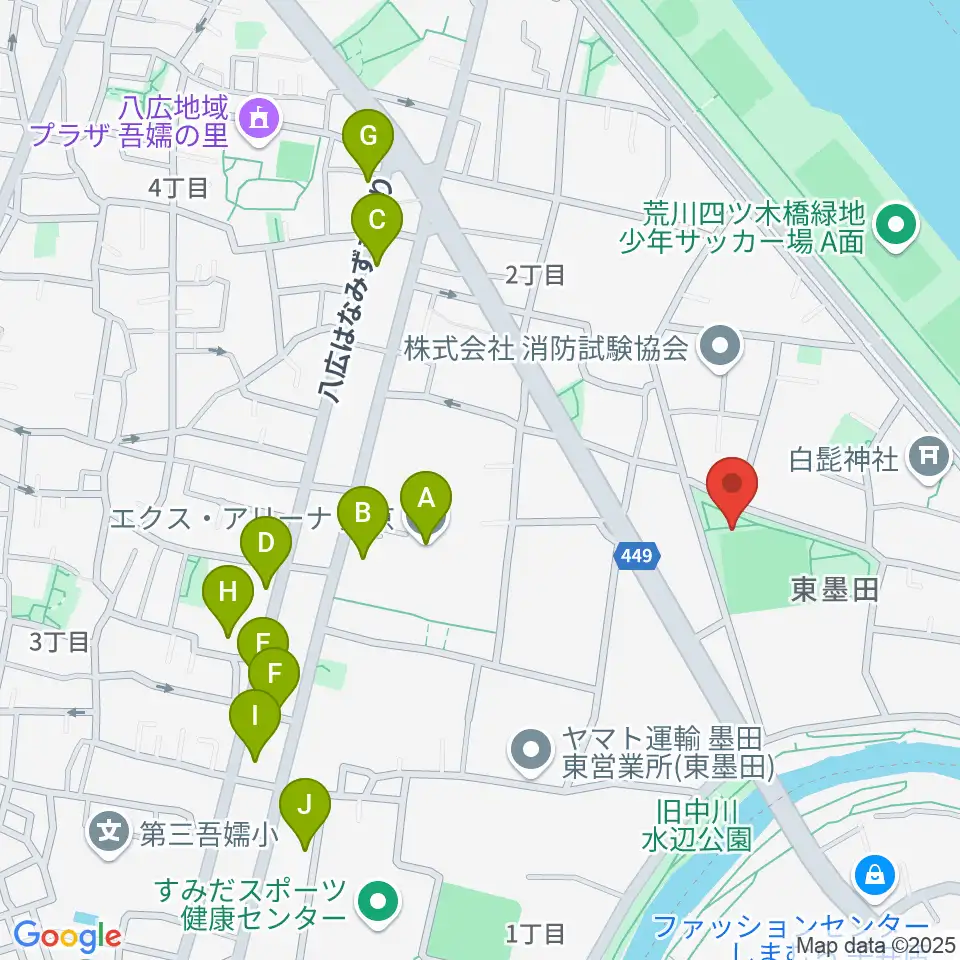 東墨田公園少年野球場周辺のファミレス・ファーストフード一覧地図