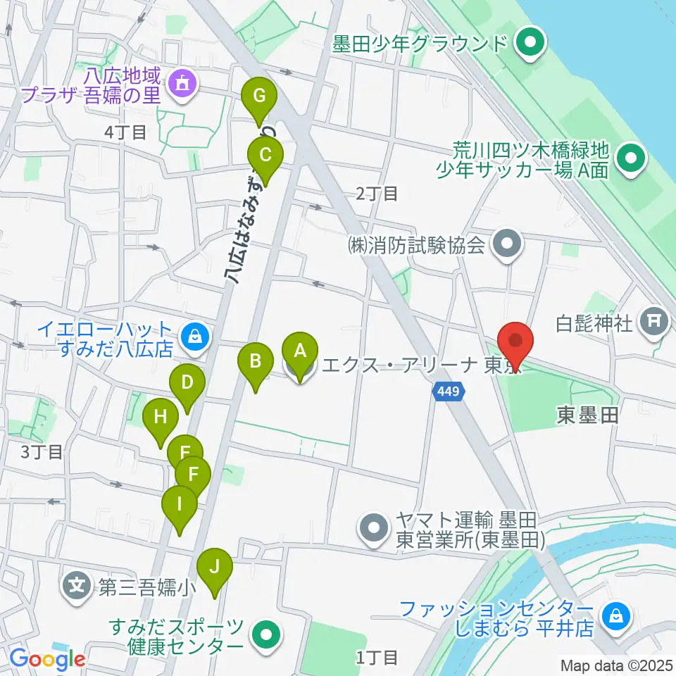 東墨田公園少年野球場周辺のファミレス・ファーストフード一覧地図