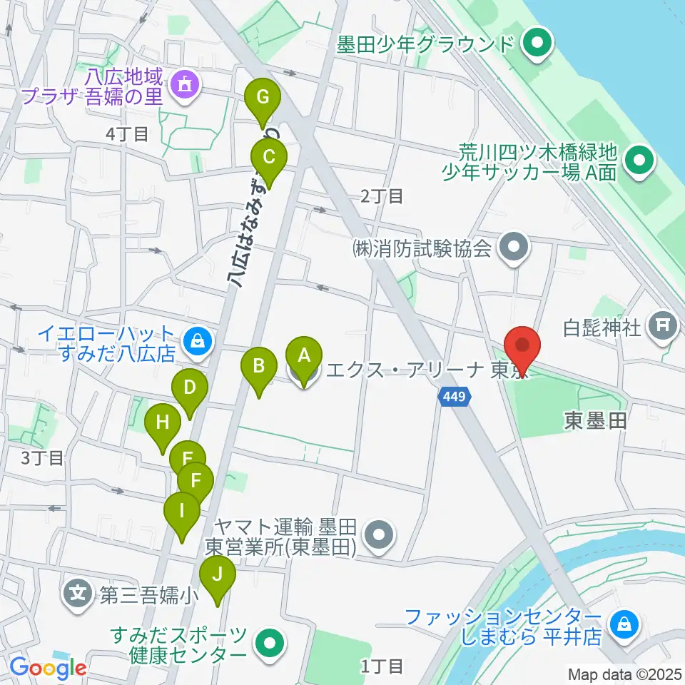 東墨田公園少年野球場周辺のファミレス・ファーストフード一覧地図