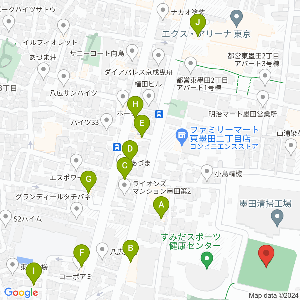 東墨田ソフトボール場周辺のファミレス・ファーストフード一覧地図