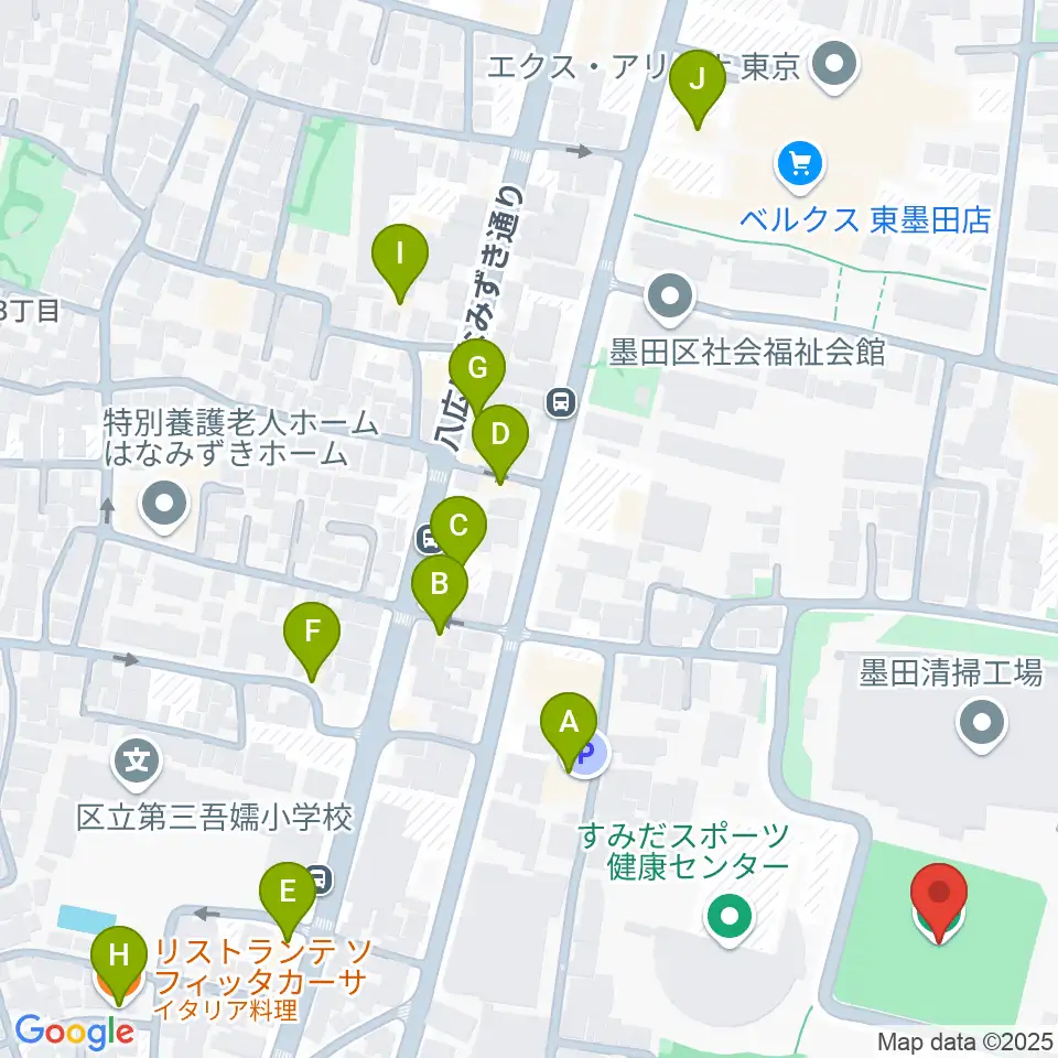 東墨田ソフトボール場周辺のファミレス・ファーストフード一覧地図