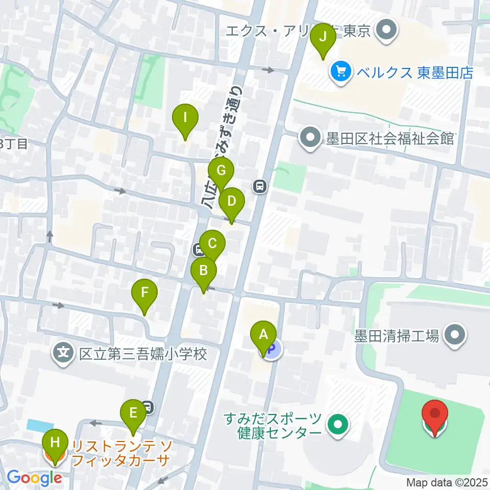 東墨田ソフトボール場周辺のファミレス・ファーストフード一覧地図