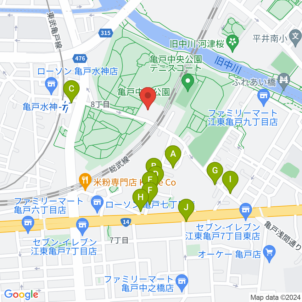 亀戸スポーツセンター周辺のファミレス・ファーストフード一覧地図