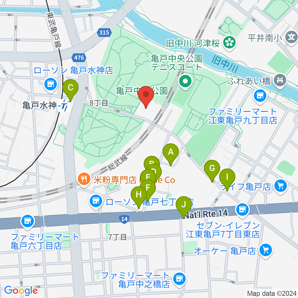 亀戸スポーツセンター周辺のファミレス・ファーストフード一覧地図