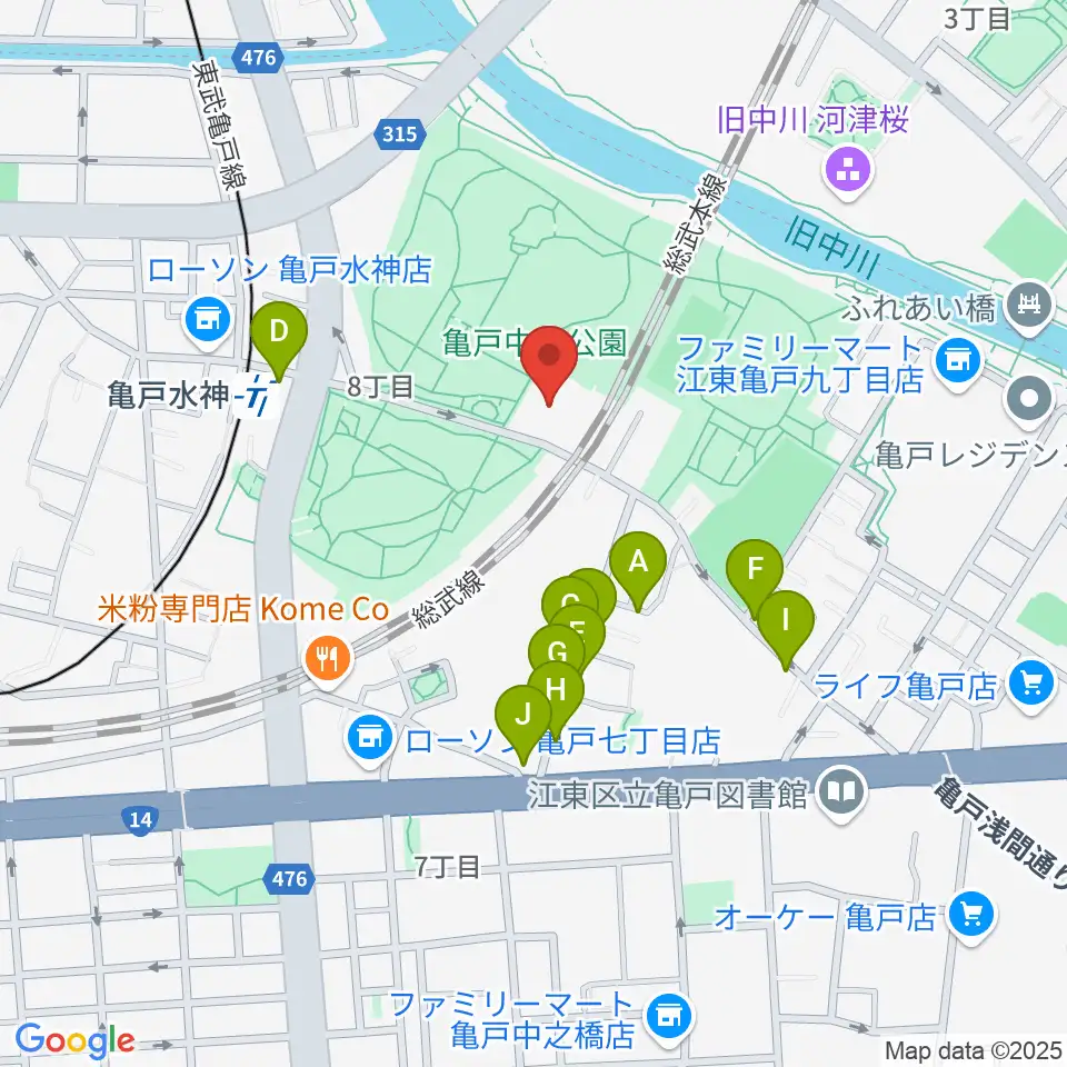 亀戸スポーツセンター周辺のファミレス・ファーストフード一覧地図