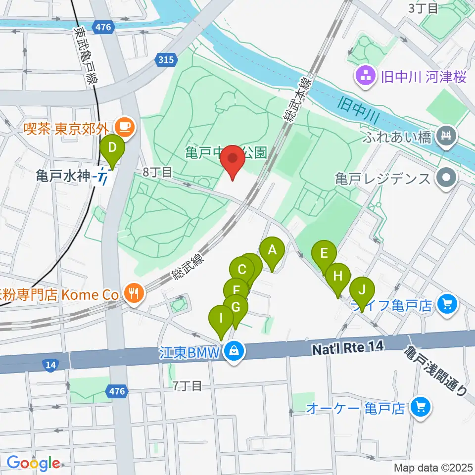 亀戸スポーツセンター周辺のファミレス・ファーストフード一覧地図