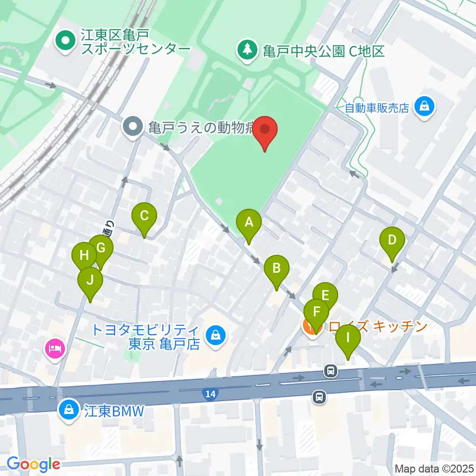 亀戸運動公園少年野球場周辺のファミレス・ファーストフード一覧地図