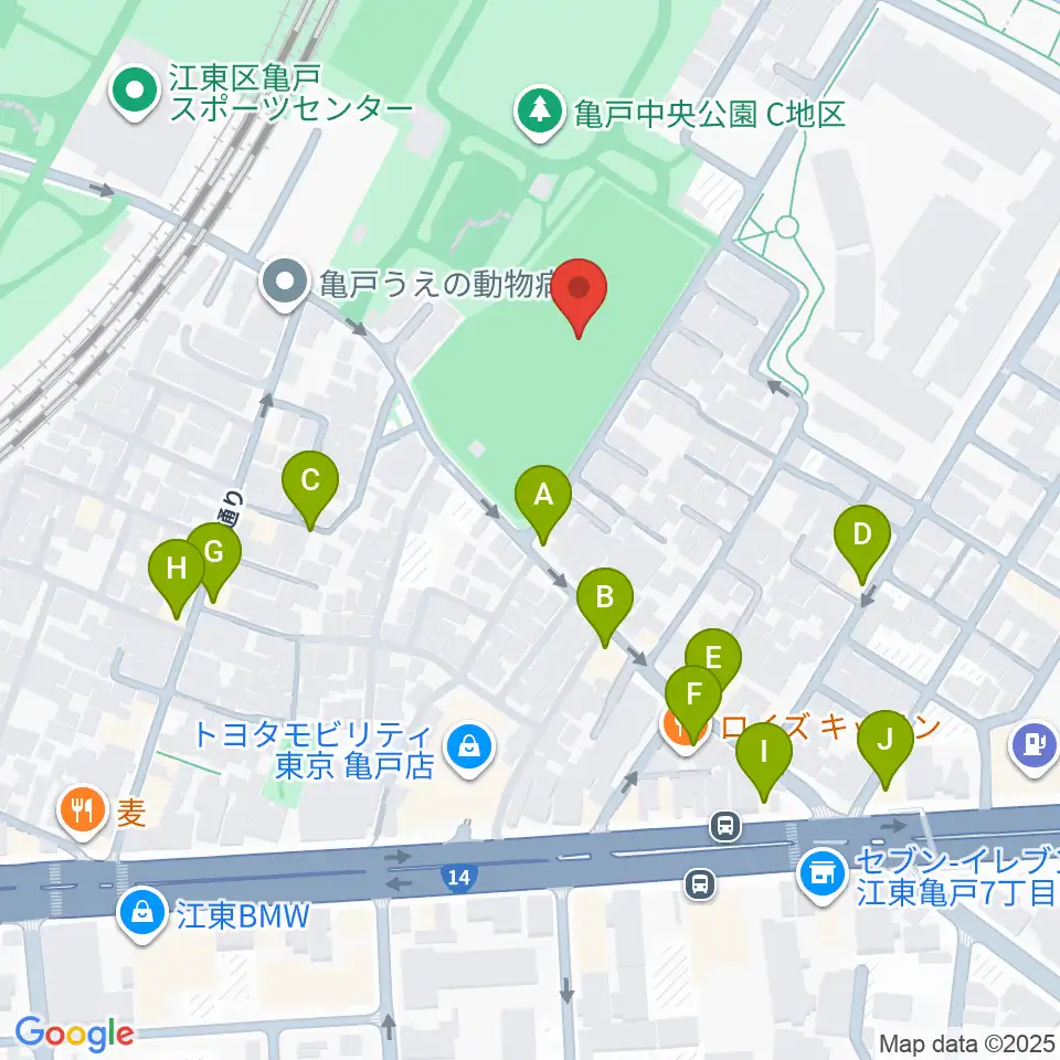 亀戸運動公園少年野球場周辺のファミレス・ファーストフード一覧地図