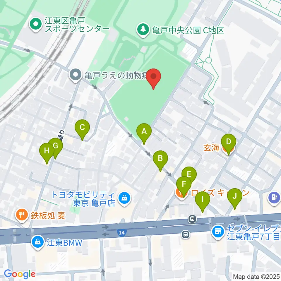 亀戸運動公園少年野球場周辺のファミレス・ファーストフード一覧地図