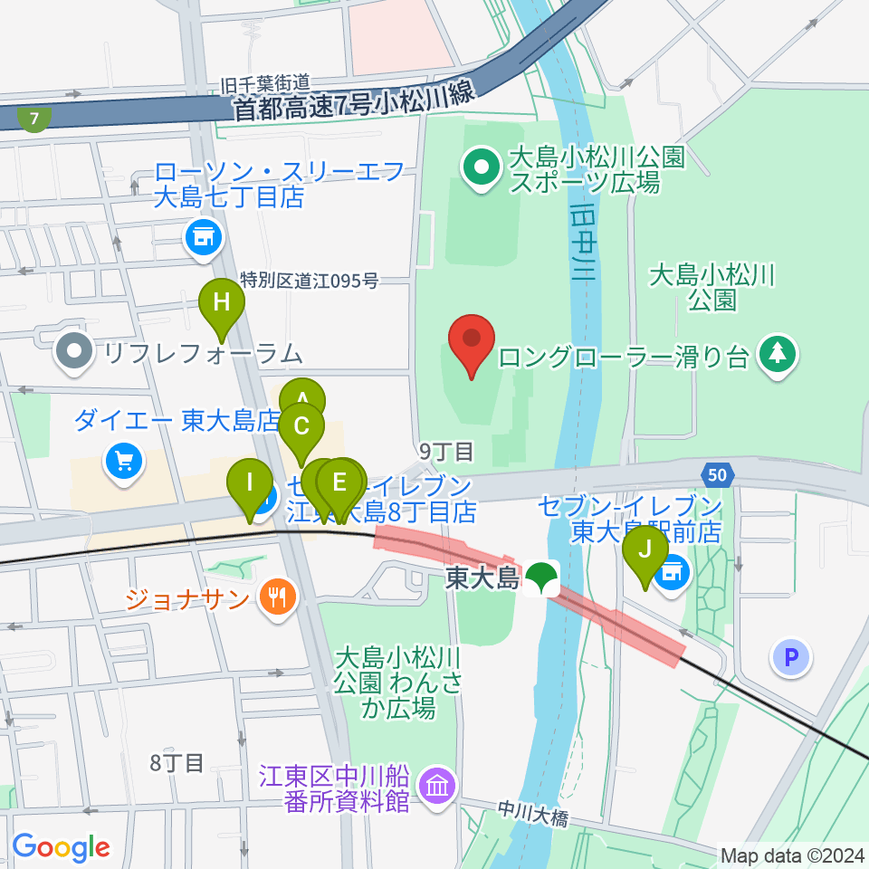 大島小松川公園小野球場周辺のファミレス・ファーストフード一覧地図