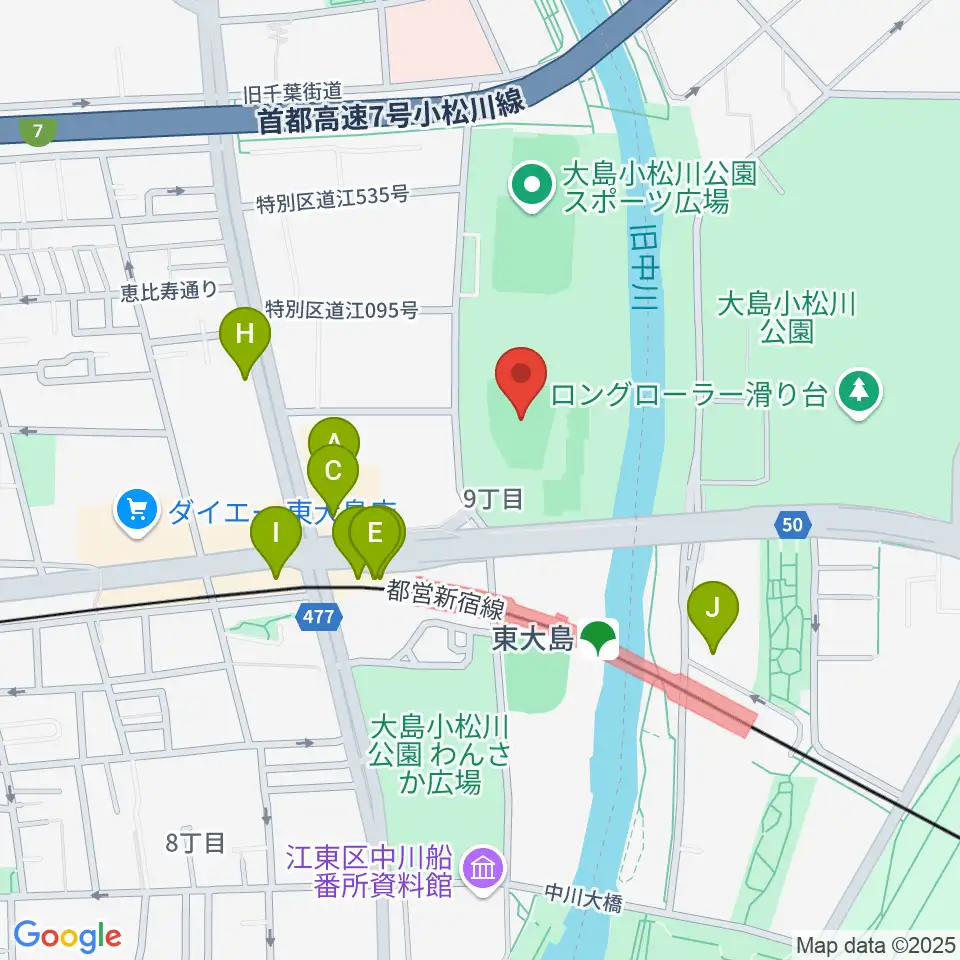 大島小松川公園小野球場周辺のファミレス・ファーストフード一覧地図