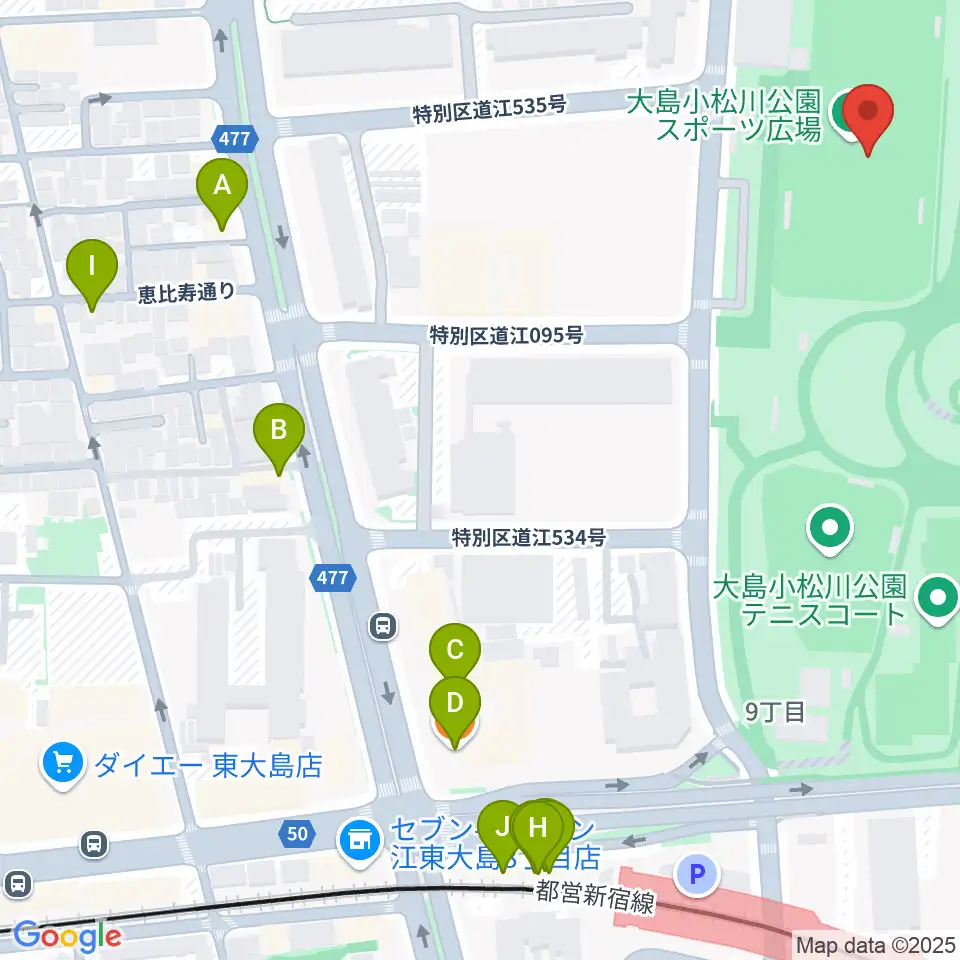 大島小松川公園サッカー場周辺のファミレス・ファーストフード一覧地図