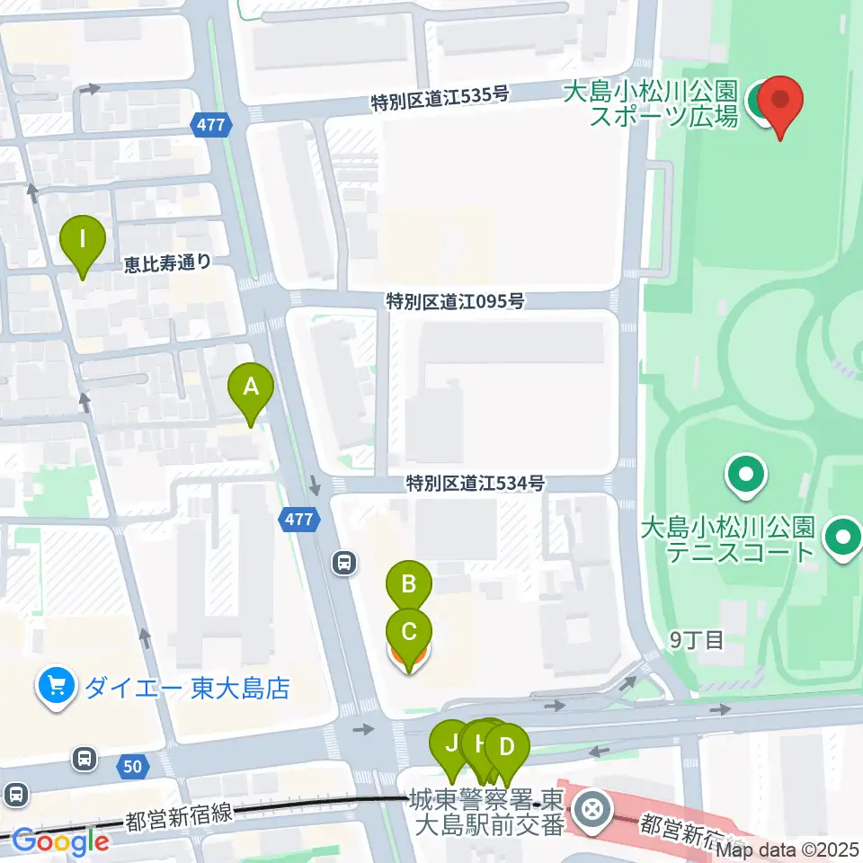 大島小松川公園サッカー場周辺のファミレス・ファーストフード一覧地図