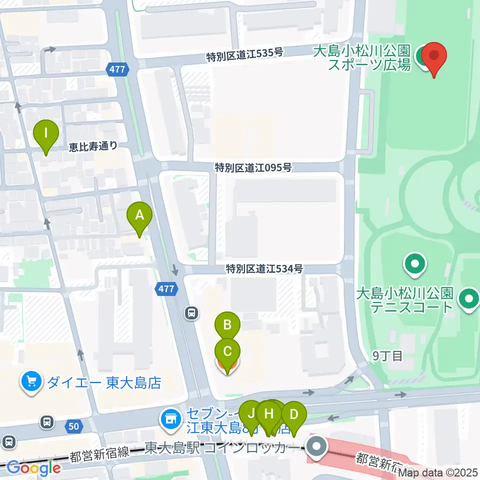 大島小松川公園サッカー場周辺のファミレス・ファーストフード一覧地図