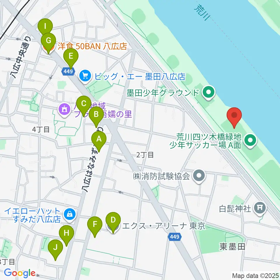 荒川四ツ木橋緑地少年サッカー場周辺のファミレス・ファーストフード一覧地図
