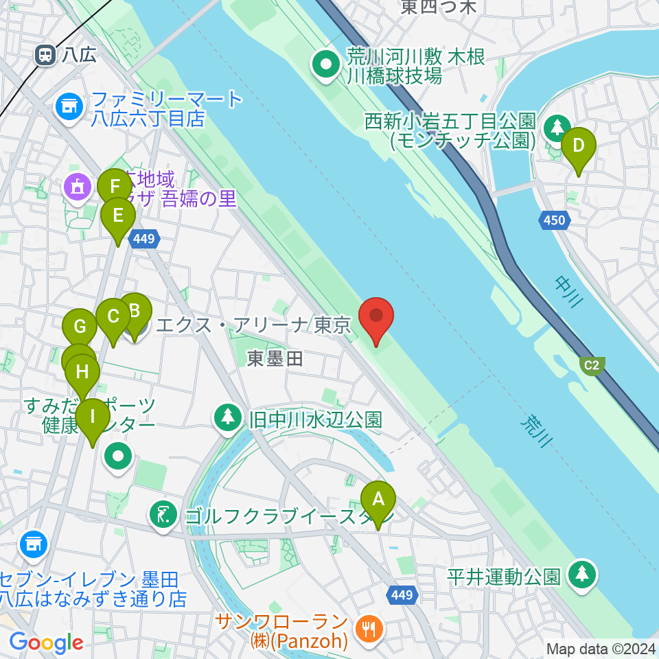 荒川四ツ木橋緑地少年野球場周辺のファミレス・ファーストフード一覧地図