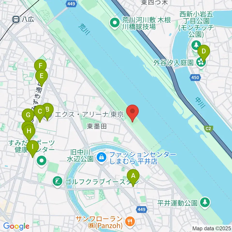 荒川四ツ木橋緑地少年野球場周辺のファミレス・ファーストフード一覧地図