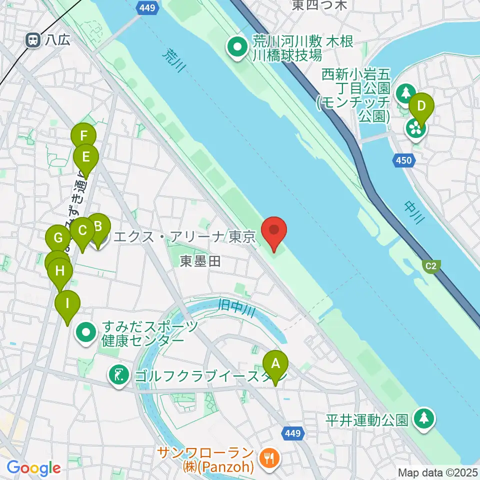 荒川四ツ木橋緑地少年野球場周辺のファミレス・ファーストフード一覧地図