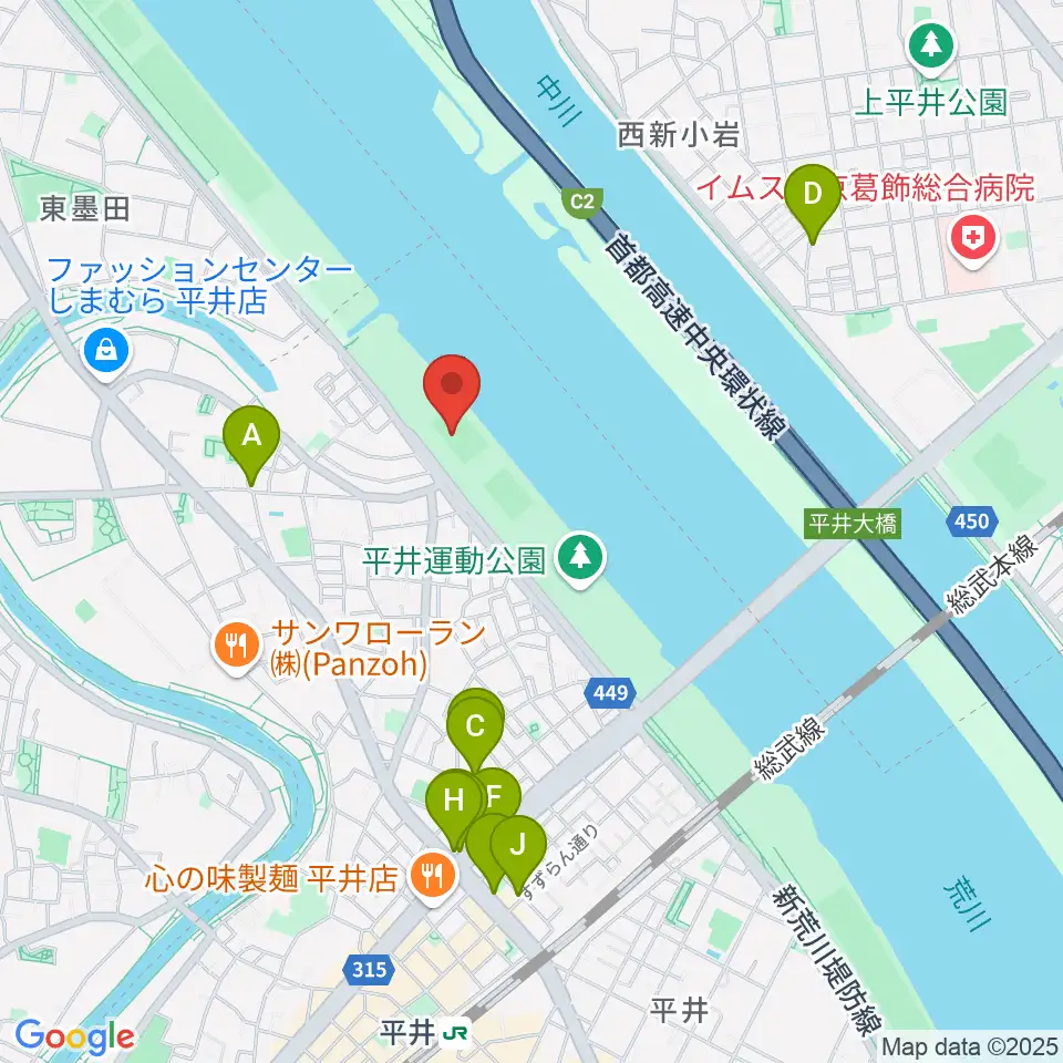 平井少年野球場周辺のファミレス・ファーストフード一覧地図